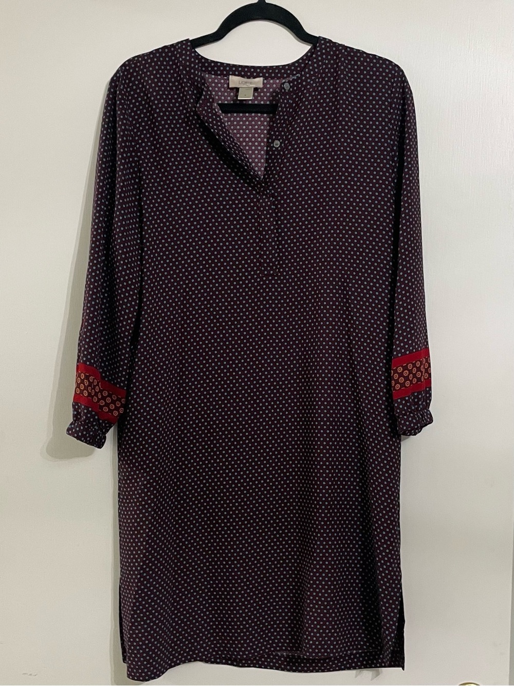 LOFT Plum Polka Dot Long-Sleeve Shift Dress with Red Cuff Detail